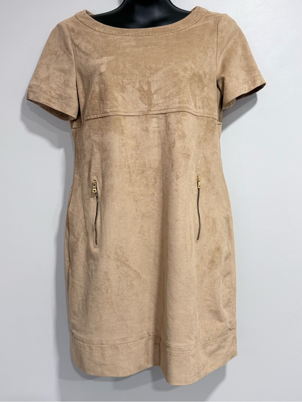 Phoebe Couture Tan Suede-Look Short Sleeve Mini Dress
